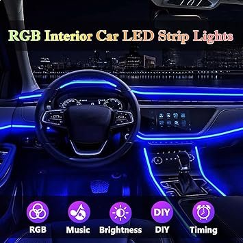 Interior Car LED Strip Lights RGB 6 in 1 Ambient Lighting Kits with 315 cm Fiber Optic 16 Million Colors Car Interior Lights with Wireless APP and Remote Control Sync to Music