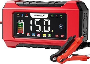 NEXPEAK NC215 15Amp Battery Charger 12V 24V LiFePO4 Lead Acid Portable Car Battery Charger 9Stage Trickle Charger Smart Battery Maintainer wTemp Compensation for Car Truck Lawn Mower Boat Marine