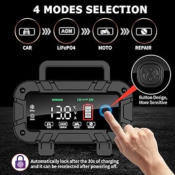 YONHAN Battery Charger 010 Amp Upgraded 12V24V LiFePO4 Lead Acid Car Battery Charger wLarge Display Screen FullyAutomatic Smart Trickle Charger Automotive Battery Maintainer
