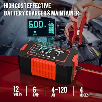 NEXPEAK NC101 Car Battery Charger Smart Battery Trickle Charger 12V 6A Automotive Battery Maintainer Desulfator with Temp Compensation for Car Truck Motorcycle Lawn Mower Marine Lead Acid Batteries