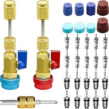 31Pcs R134A Valve Core Quick Remover Installer Tool Set High Low Pressure AC Valve Core Removal Tool with R134A Valve Core AC Service Port Cap Valve Stem Kit for Refrigerant Air Conditioner System