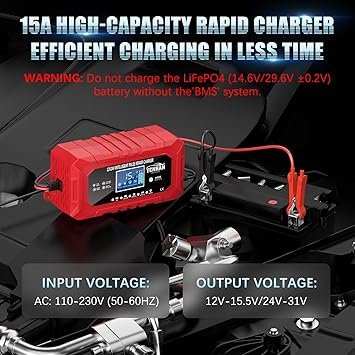 YONHAN 15A Battery Charger 12V24V LiFePO4 Lead Acid Car Battery Charger 9Stage Trickle Charger with Temp Compensation Automotive Battery Maintainer for Car Truck Motorcycle Lawn Mower BoatRed