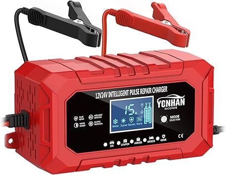 YONHAN 15A Battery Charger 12V24V LiFePO4 Lead Acid Car Battery Charger 9Stage Trickle Charger with Temp Compensation Automotive Battery Maintainer for Car Truck Motorcycle Lawn Mower BoatRed