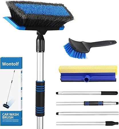 62'' Car Wash Brush with Long Handle Microfiber Car Wash Mop Mitt Kit Car Detailing Brush Cleaning Kit Windshield Squeegee Wheel Tire Brush for Cars RV Truck Boat Blue