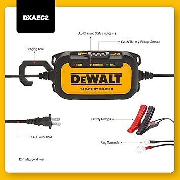 DeWalt DXAEC2 Professional 2 Amp Automotive Battery Charger and Maintainer Yellow
