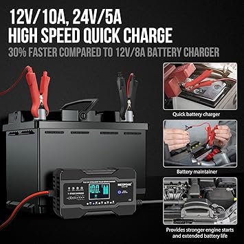 810hBavCteL._AC_SY355_.jpg NEXPEAK 10Amp Car Battery Charger 12V and 24V Smart Fully Automatic Battery Trickle Charger Maintainer wTemp Compensation for Truck Motorcycle Lawn Mower Boat Marine Lead Acid Batteries