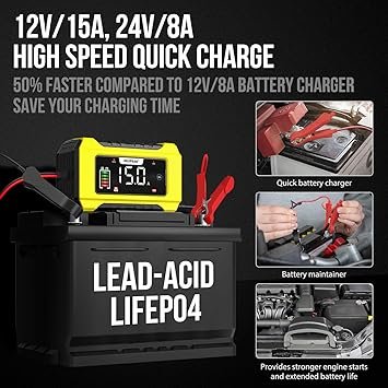 NEXPEAK NC215 15Amp Battery Charger Trickle Charger Car Battery Charger 12V 24V LiFePO4 Lead Acid Portable 9Stage Smart Battery Maintainer wTemp Compensation for Car Truck Lawn Mower Boat Marine