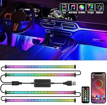 Nilight 72 LED USB Interior Strip Lights Dream Color RGBIC 12V DC with App RF Remote Control Multicolor Footwell Under Dash Chasing Inside Light Kits 2 Lines Music Sync Mode for Cars Truck ATV UTV