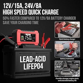 NEXPEAK NC215 15Amp Battery Charger 12V 24V LiFePO4 Lead Acid Portable Car Battery Charger 9Stage Trickle Charger Smart Battery Maintainer wTemp Compensation for Car Truck Lawn Mower Boat Marine