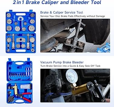 Orion Motor Tech 2 in 1 Brake Caliper Compression Tool Brake Bleeder Kit Handheld Vacuum Pump Brake Bleeder Tool Set Disc Brake Pad Service Tool with Thrust Bolt Retaining Plates 18 Adapters